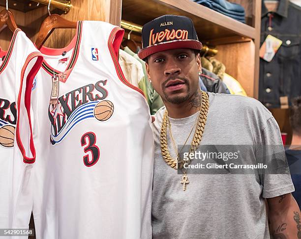 Retired professional basketball player Allen Iverson attends Allen Iverson 2001 All Star Mitchell & Ness Jersey Release Party at Lapstone & Hammer on...