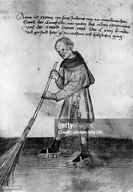 Miniaturmalerei eines Strassenkehrers aus der Mendelschen Handschrift vom Jahre 1453.Interessant sind die vor Schmutz schützenden Gestelle unter den...