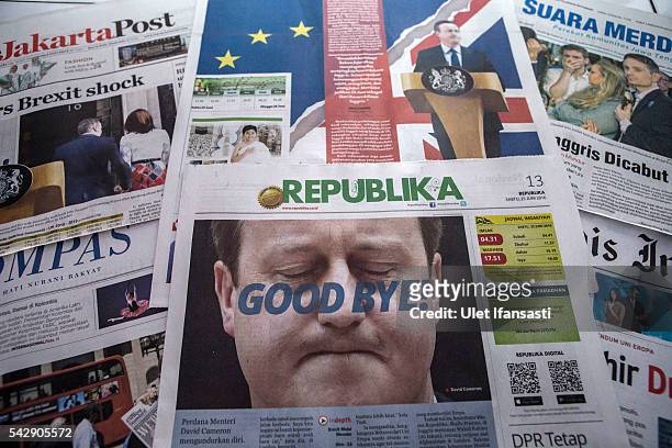 In this photo illustration, the Indonesian newspaper The Jakarta Post shows the cover headline which reads 'RI weathers Brexit shock', REPUBLIKA...