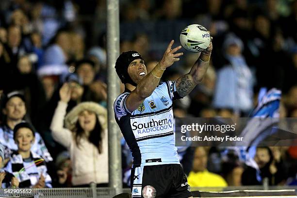 Michael Ennis of the Sharks celebrates a try with team mates during the round 16 NRL match between the Cronulla Sharks and the New Zealand Warriors...