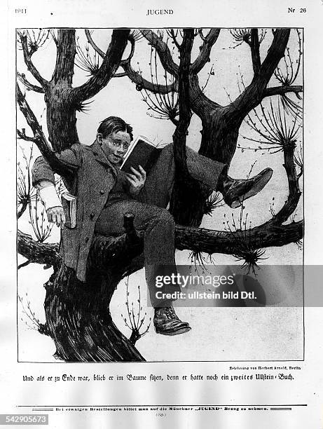 Werbung für Ullstein-Bücher mit dem Text:"Und als er zu Ende war, blieb er im Baume sitzen, denn er hatte noch ein zweites Ullstein-Buch"die...