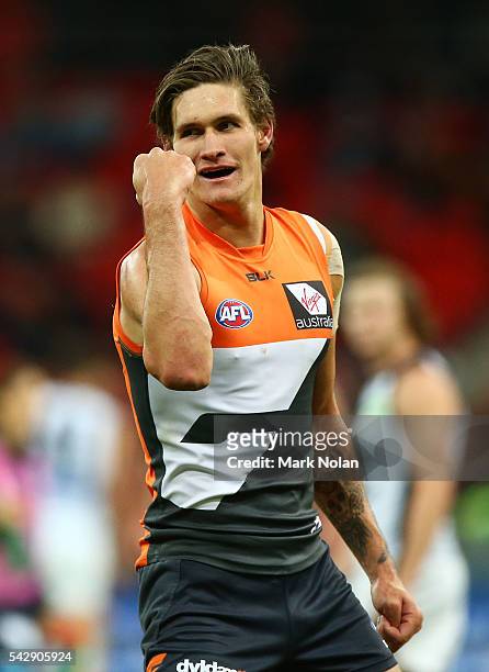 Rory Lobb of the Giants celebrates kicking a goal during the round 14 AFL match between the Greater Western Sydney Giants and the Carlton Blues at...
