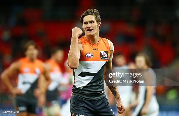 Rory Lobb of the Giants celebrates kicking a goal during the round 14 AFL match between the Greater Western Sydney Giants and the Carlton Blues at...