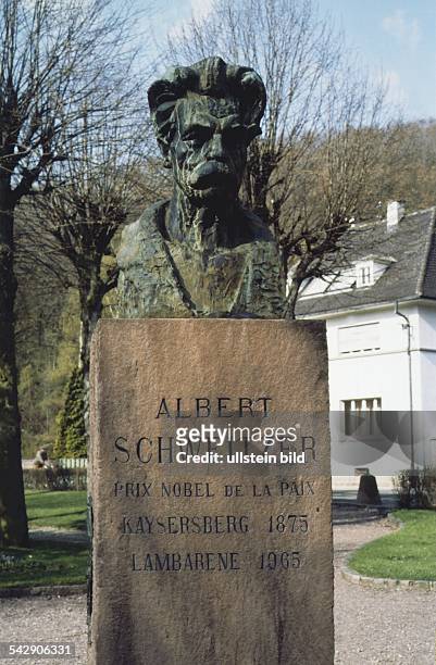 Das Denkmal von Albert Schweitzer in seinem Geburtsort Kaysersberg im Elsaß; eine Büste auf einem Gedenkstein mit der Inschrift "Albert Schweitzer -...