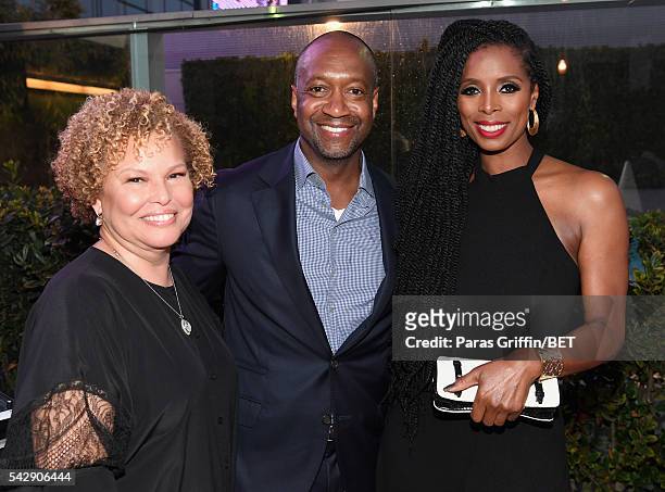 Chairman/CEO Debra L. Lee, ABFF Founder/CEO Jeff Friday and actress Tasha Smith attend the ABFF Winners Reception and VIP Celebration in honor of the...