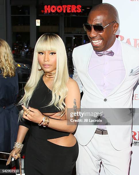 Nicki Minaj and J. B. Smoove arrive at the premiere of New Line Cinema's 'Barbershop: The Next Cut' at TCL Chinese Theatre on April 6, 2016 in...