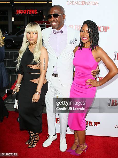 Nicki Minaj, Shahidah Omar and J. B. Smoove arrive at the premiere of New Line Cinema's 'Barbershop: The Next Cut' at TCL Chinese Theatre on April 6,...