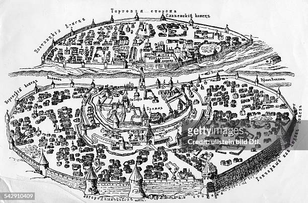 16th century view of the Russian trade metropolis of Novgorod and the Wolchow River. Contemporary woodcut engraving.