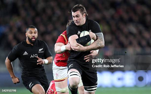 Liam Squire of New Zealand on the attack during the International Test match between the New Zealand All Blacks and Wales at Forsyth Barr Stadium on...