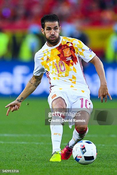 Cesc Fabregas of Spain runs with the ball during the UEFA EURO 2016 Group D match between Croatia and Spain at Stade Matmut Atlantique on June 21,...