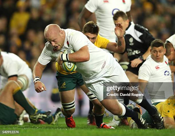 Dan Cole of England dives over for the first try during the International Test match between the Australian Wallabies and England at Allianz Stadium...