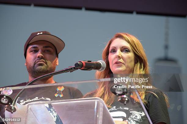 Pulse nightclub owner Barbara Poma with entertainment manager Neema Bahrami on stage at pier 26. A day of action that included a transgender rights...