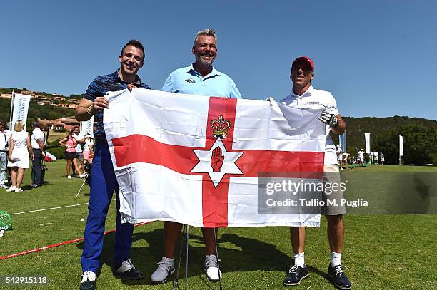 Alessandro Del Piero, Darren Clarke and Gianfranco Zola pose during The Costa Smeralda Invitational golf tournament at Pevero Golf Club - Costa...