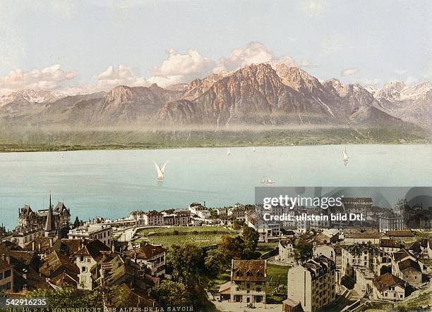 Blick über Montreux und den Genfer See auf die Alpenundatiert