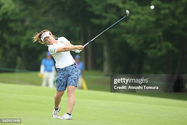 Hiroko Azuma of Japan hits her second shot on the 16th hole during the third round of the Earth Mondamin Cup at the Camellia Hills Country Club on...