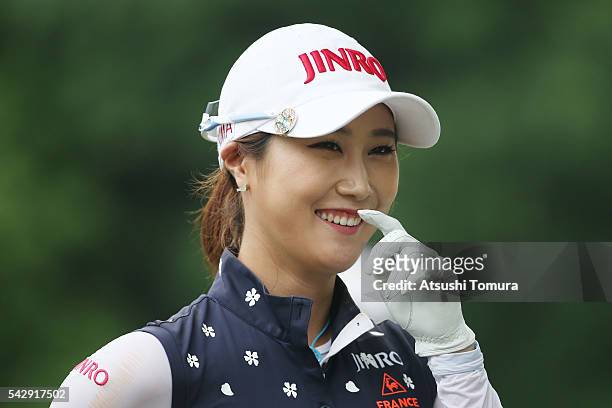 Ha-Neul Kim of South Korea smiles during the third round of the Earth Mondamin Cup at the Camellia Hills Country Club on June 25, 2016 in Sodegaura,...