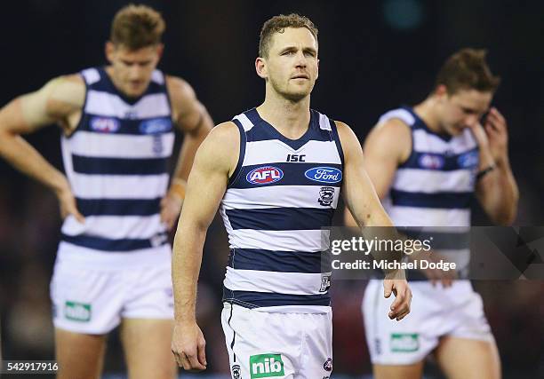 Joel Selwood of the Cats looks dejected after losing during the round 14 AFL match between the St Kilda Saints and the Geelong Cats at Etihad Stadium...