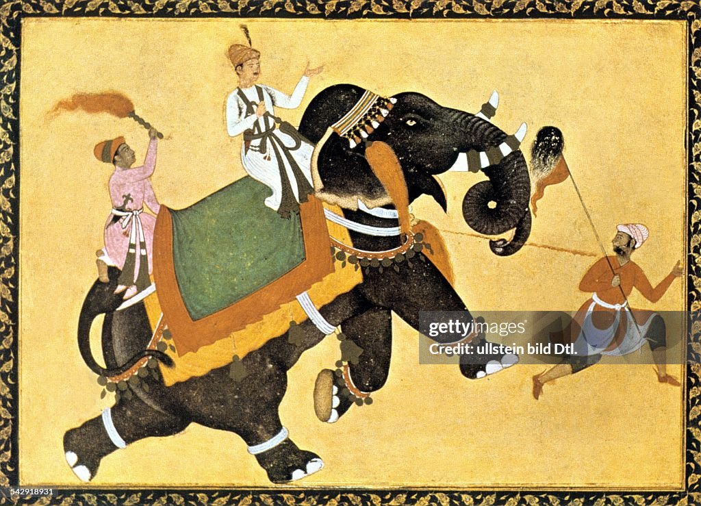 India Miniatures India: Mogul prince riding an elephant - miniature of Akbar the Great - about 1600