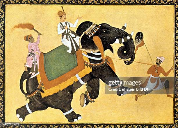 India Miniatures India: Mogul prince riding an elephant - miniature of Akbar the Great - about 1600