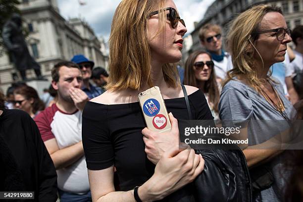 Small group of young people gather to protest on Parliament Square the day after the majority of the British public voted to leave the European Union...