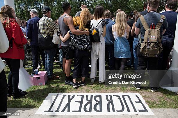 Small group of young people gather to protest on Parliament Square the day after the majority of the British public voted to leave the European Union...