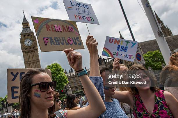 Small group of young people gather to protest on Parliament Square the day after the majority of the British public voted to leave the European Union...