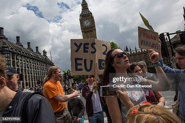 Small group of young people gather to protest on Parliament Square the day after the majority of the British public voted to leave the European Union...