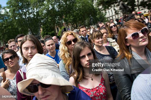 Small group of young people gather to protest on Parliament Square the day after the majority of the British public voted to leave the European Union...