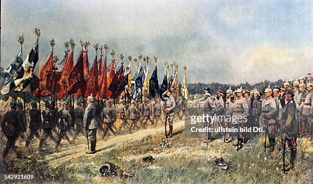 World War I Crown Prince Frederick William of Prussia is taking the salute of the Wuerttemberg Regiments in the Forest of Argonne -