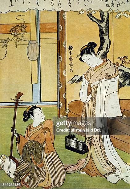 Japan Historic colored woodcuts Japan: courtesan Nokaze and a young woman that plays a string instrument - colored woodcut by Harunobu - 18th century