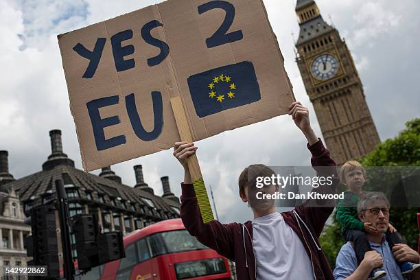 Small group of young people gather to protest on Parliament Square the day after a majority of the British public voted for leaving the European...