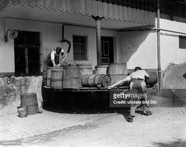 Kaese-Bereitung" - Milch wird in Faesser gefuellt- 1934Foto: Martin Munkacsy