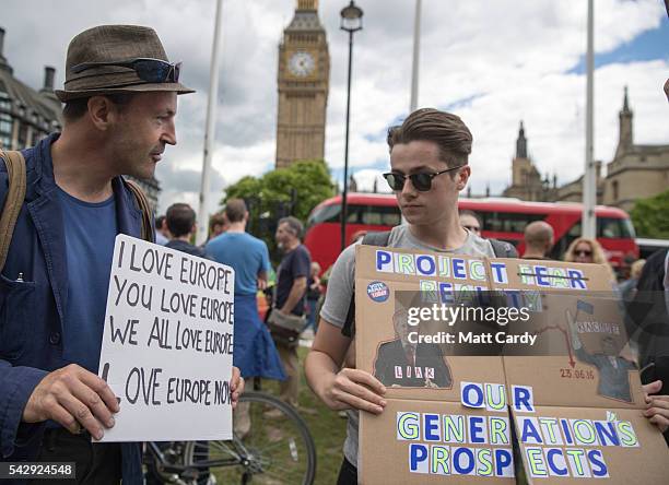 Small group of people gather to protest on Parliament Square the day after the majority of the British public voted to leave the European Union on...