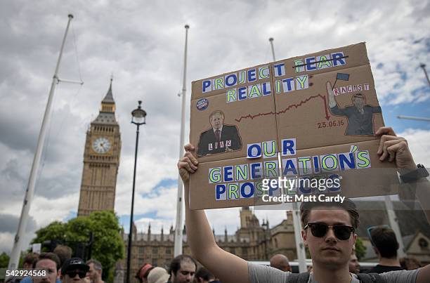 Small group of people gather to protest on Parliament Square the day after the majority of the British public voted to leave the European Union on...