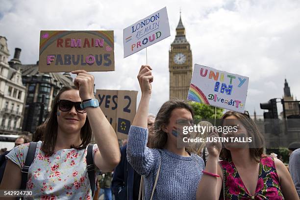 Demonstrators hold placards duringa protest against the pro-Brexit outcome of the UK's June 23 referendum on the European Union , in central London...