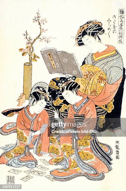 Japan Historic colored woodcuts Japan: courtesan Michinoku reading, and two companions playing cards - colored woodcut after Koryusai - undated -...