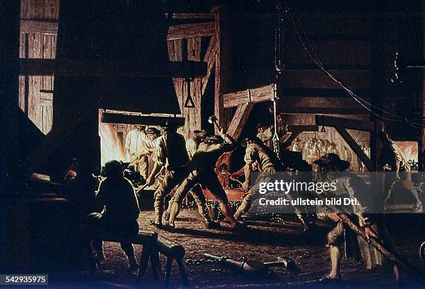 Paintings Workers at an ironworks / Sweden - detail from a painting - 1780