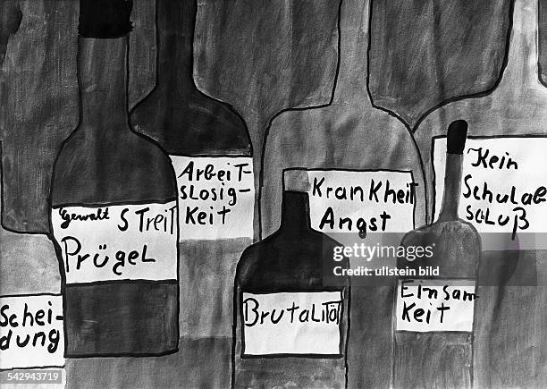 Kinder malen Bilder zum Thema Alkohol: Bild, gemalt von einem acht- bis zwölfjährigen Schulkind aus Berlin. Auf den gemalten Flaschen sind die...