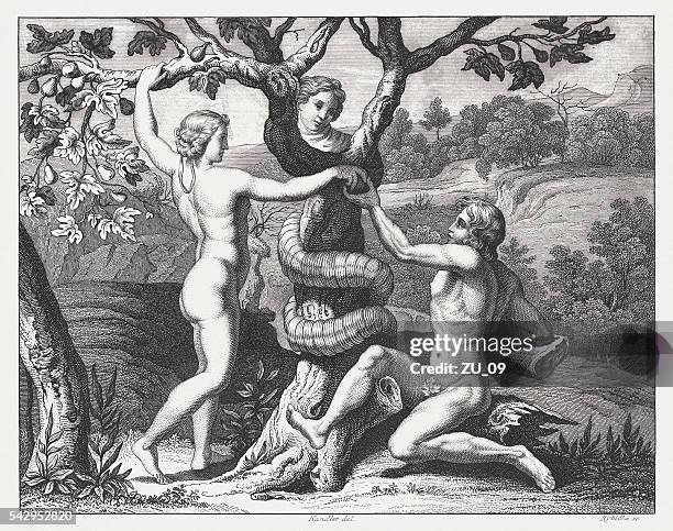 stockillustraties, clipart, cartoons en iconen met downfall of adam and eve (genesis 3), published 1841 - temptation