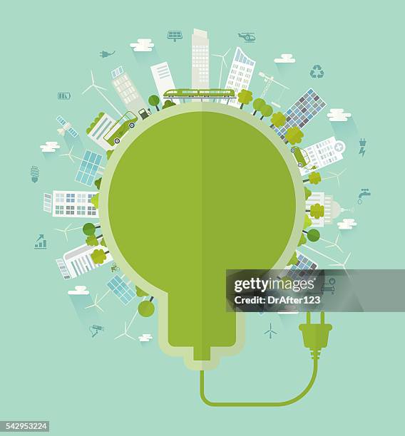 nachhaltige stadt glühbirne konzept mit symbole set - energie sparen stock-grafiken, -clipart, -cartoons und -symbole