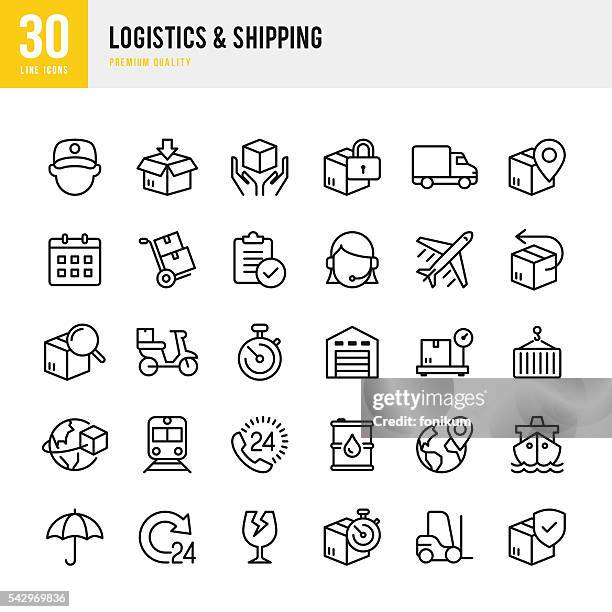 ilustrações de stock, clip art, desenhos animados e ícones de logística de transporte  conjunto de ícone de linha fina - forklift
