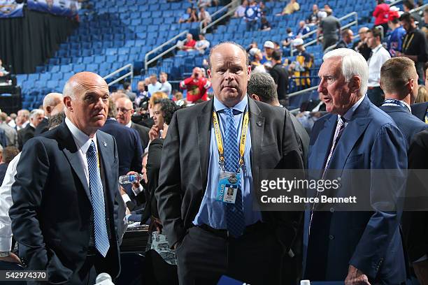 Toronto Maple Leafs Lou Lamoriello, Mark Hunter and Bob Pulford attend round one of the 2016 NHL Draft on June 24, 2016 in Buffalo, New York.