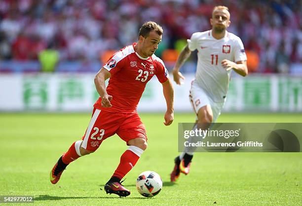 Xherdan Shaqiri of Switzerland in action during the UEFA EURO 2016 round of 16 match between Switzerland and Poland at Stade Geoffroy-Guichard on...