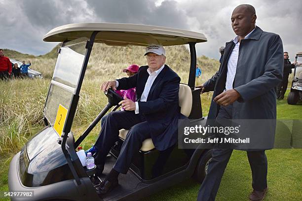 Presumptive Republican nominee for US president Donald Trump visits Trump International Golf Links on June 25, 2016 in Aberdeen, Scotland. The US...