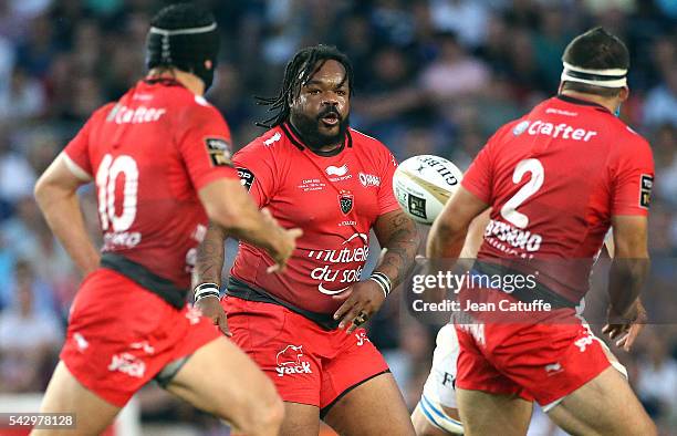 Mathieu Bastareaud of RC Toulon in action during the Final Top 14 between Toulon and Racing 92 at Camp Nou on June 24, 2016 in Barcelona, Spain.