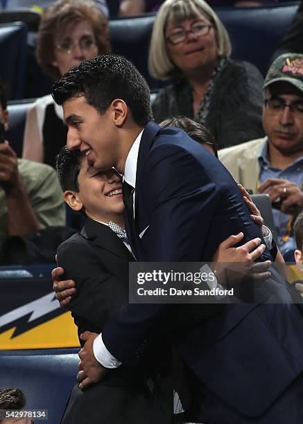 Jordan Kyrou reacts in the stands after being selected 35th overall by the St. Louis Blues during the 2016 NHL Draft at First Niagara Center on June...