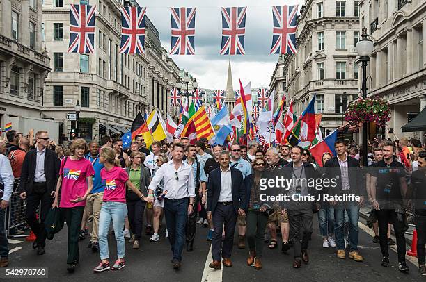 London Mayor, Sadiq Khan, and his wife Saadiya Khan lead the Pride march as the LGBT community celebrates Pride in London on June 25, 2016 in London,...