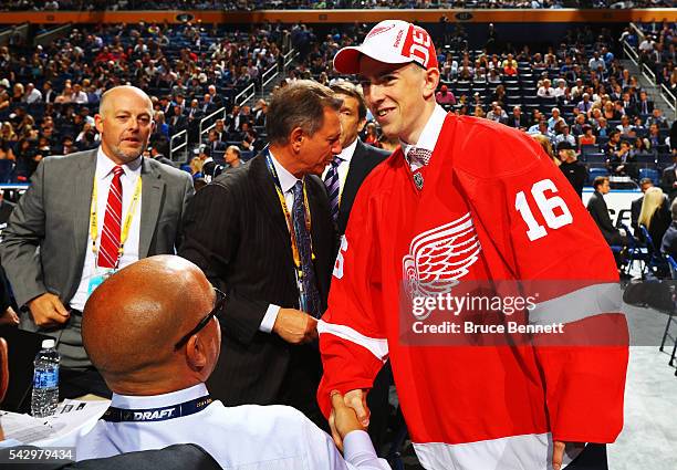 Filip Hronek reacts after being selected 53rd by the Detroit Red Wings during the 2016 NHL Draft on June 25, 2016 in Buffalo, New York.