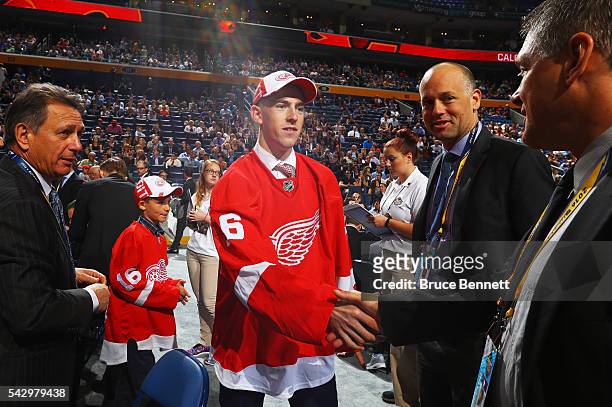 Filip Hronek reacts after being selected 53rd by the Detroit Red Wings during the 2016 NHL Draft on June 25, 2016 in Buffalo, New York.