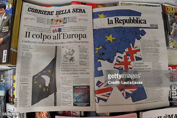 The two major Italian newspapers La Repubblica and Corriere della Sera declaring about Brexit and UK leaving the European Union are displayed on June...